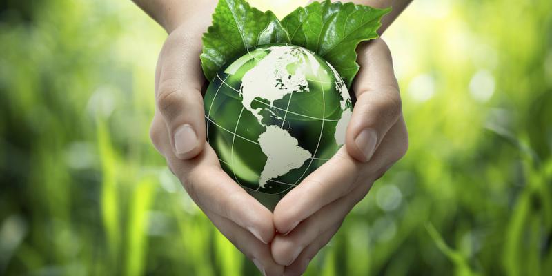Two hands holding green globe. Interstate Pest Management serving Portland OR & Vancouver WA talks about 10 Easy Ways to Go Green in Your Home.
