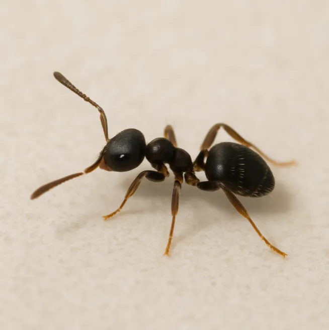 Close-up of an odorous house ant showing its dark brown to black coloring and small size characteristic of this common household pest
