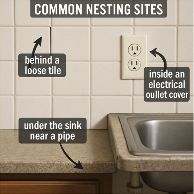 Diagram showing common odorous house ant nest locations in homes including wall voids, under sinks, behind baseboards, and near moisture sources