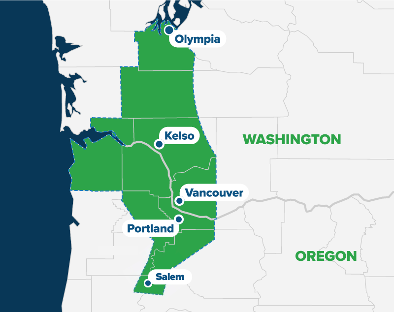 Pest control service area map showing Interstate Pest Management locations in Olympia WA, Kelso WA, Vancouver WA, Portland OR, and Salem OR