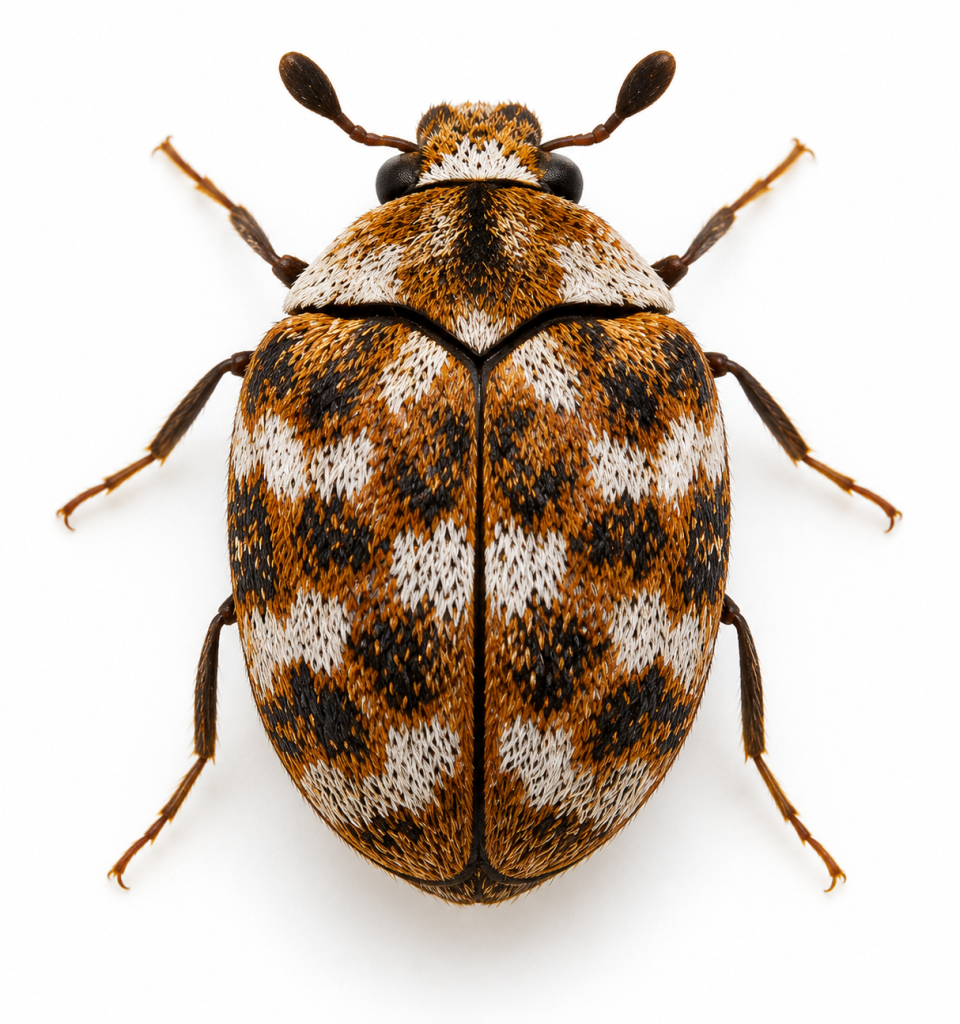 Varied carpet beetle seen from above, a small round beetle mottled with white, brown and dark yellow scales